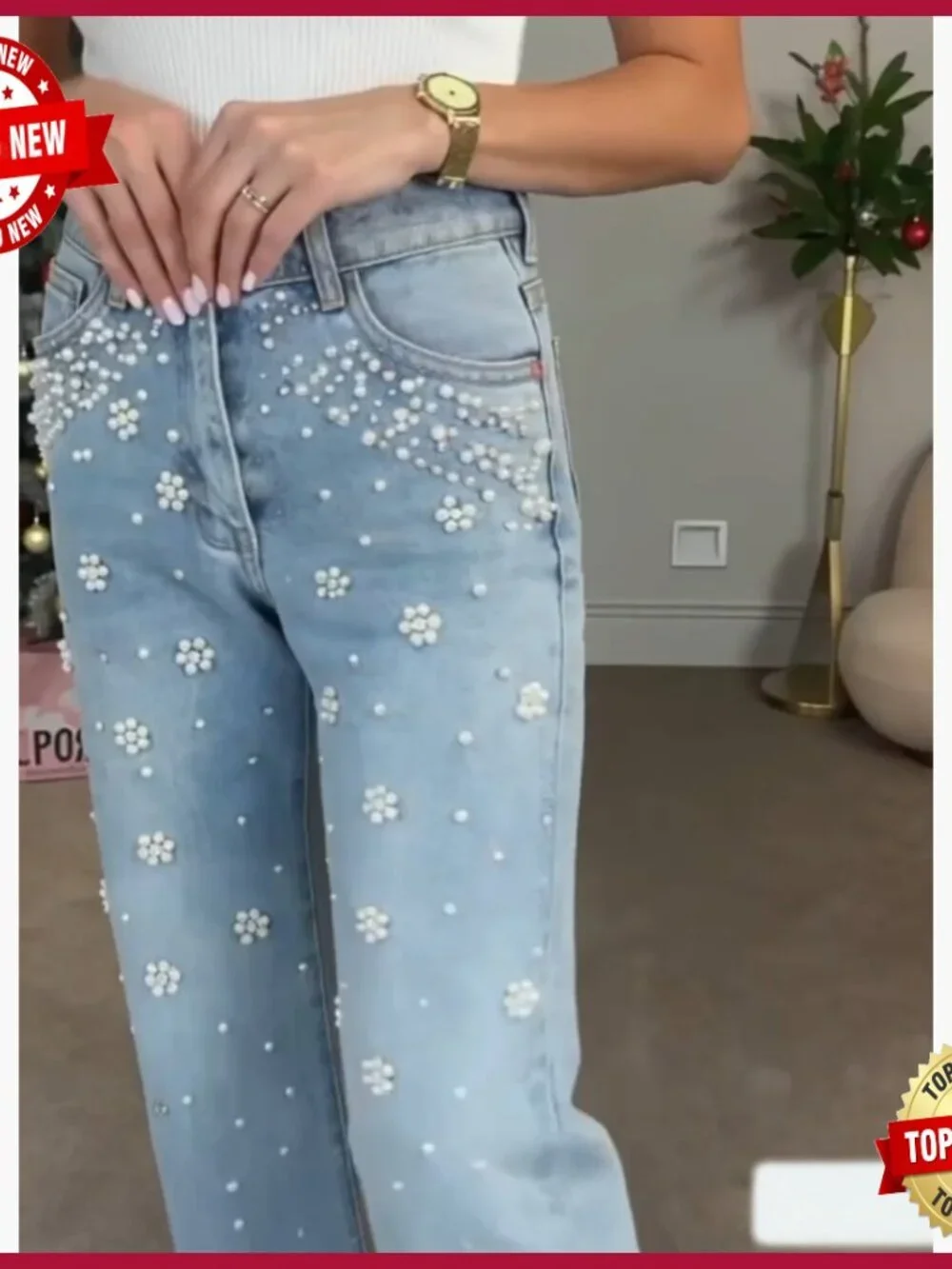 High Waisted Wide Leg Rhinestone Jeans Y2K Sparkly Denim Trousers
